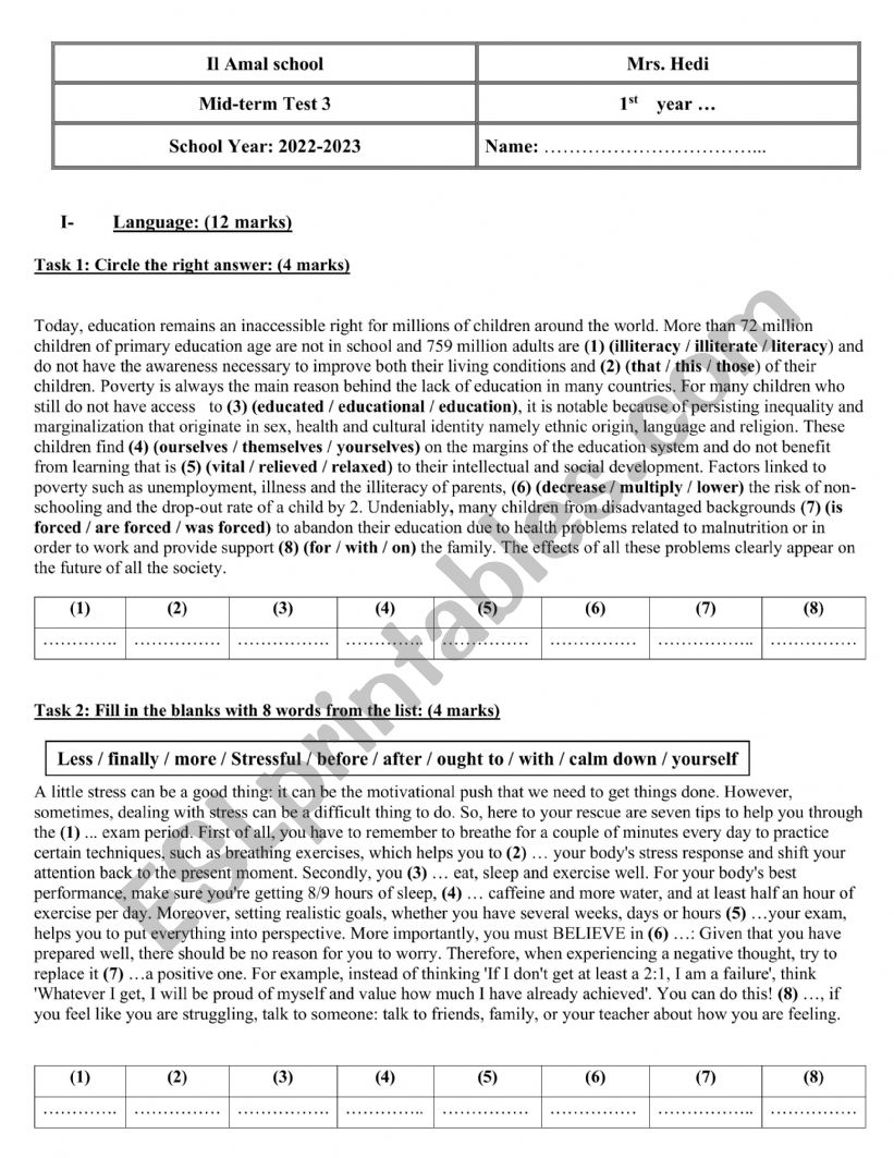 mid term test 3 1st form worksheet