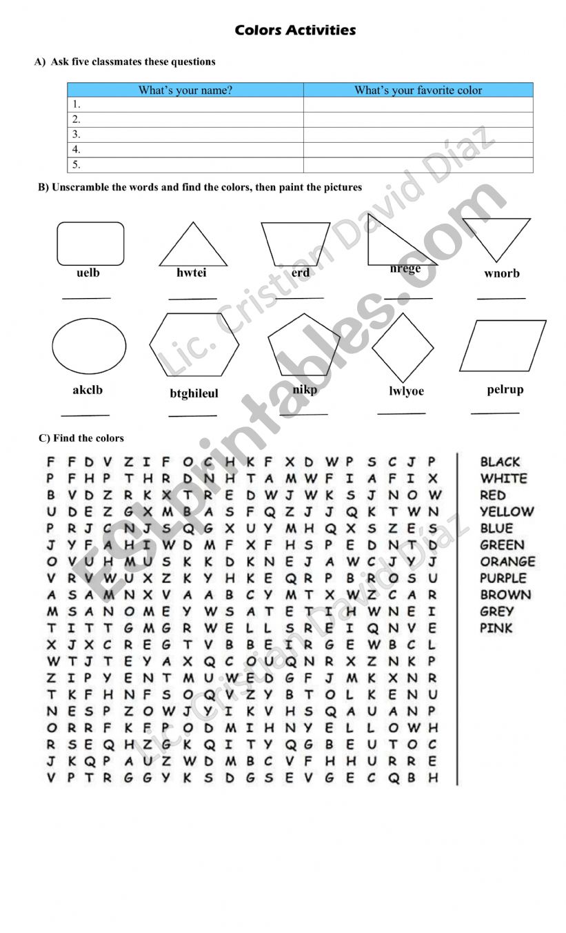 Color activities worksheet