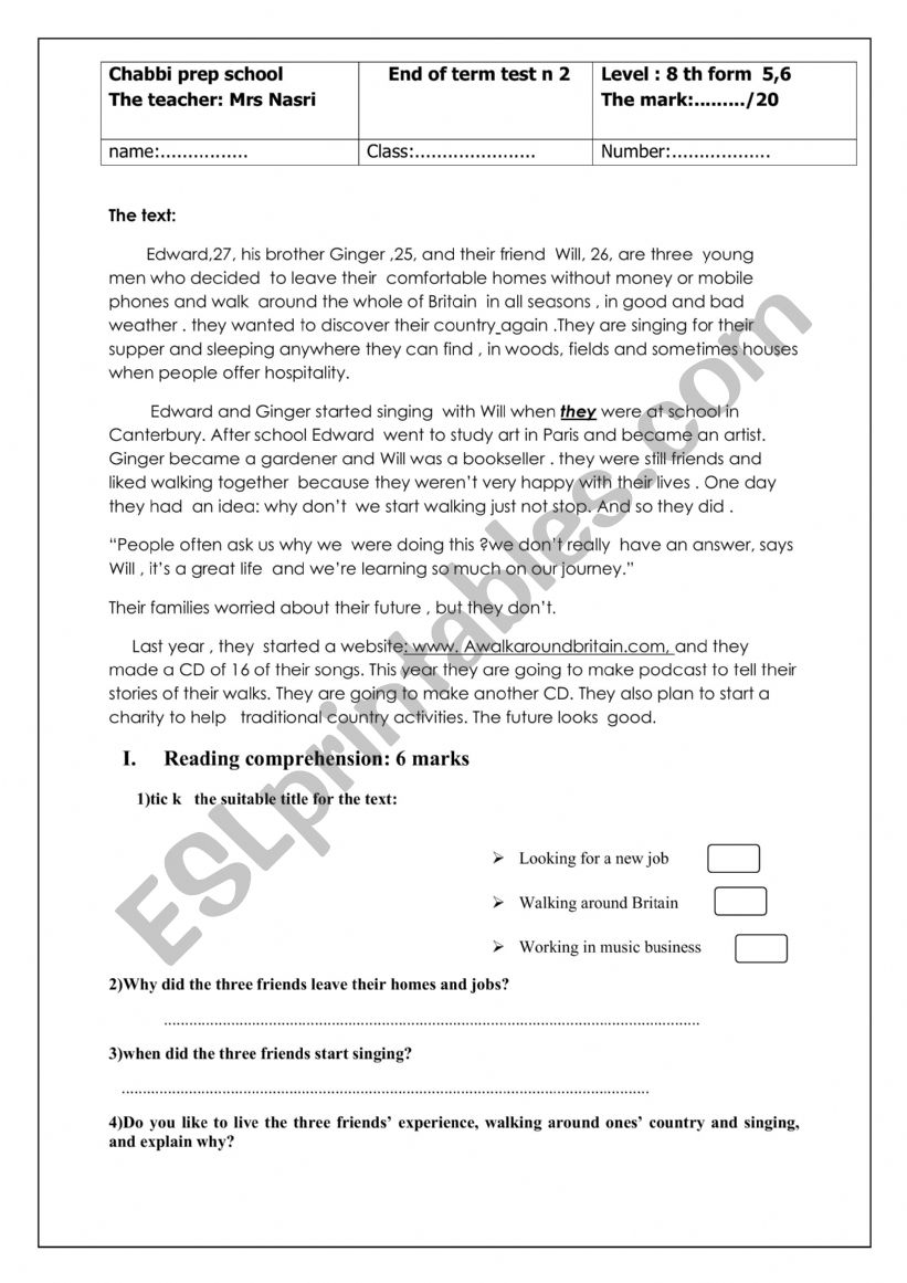 end of term  test worksheet