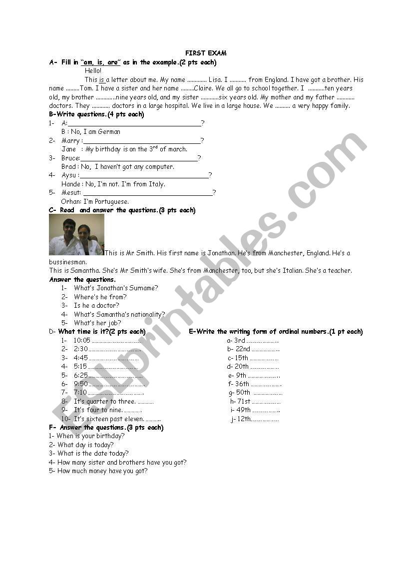 1st Exam for Elementary Class worksheet