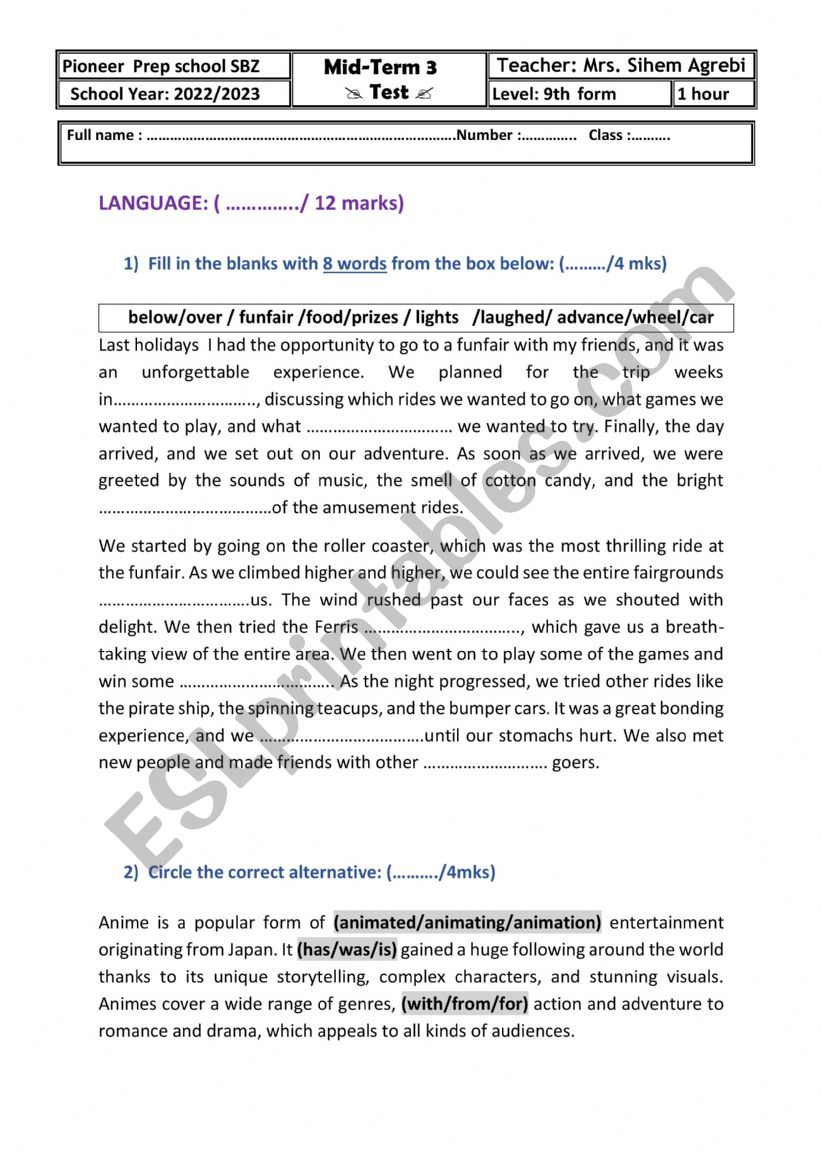 MID TERM 3 TEST 9TH FORM worksheet