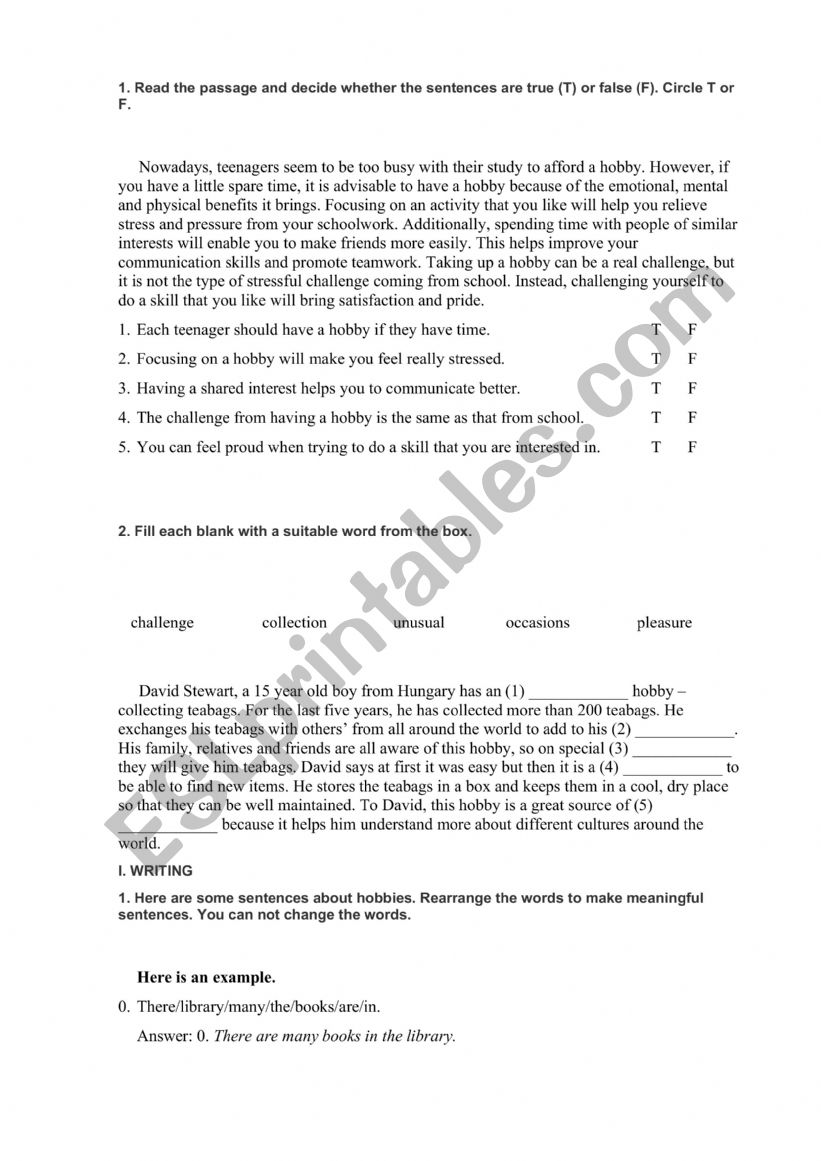 hobby worksheet