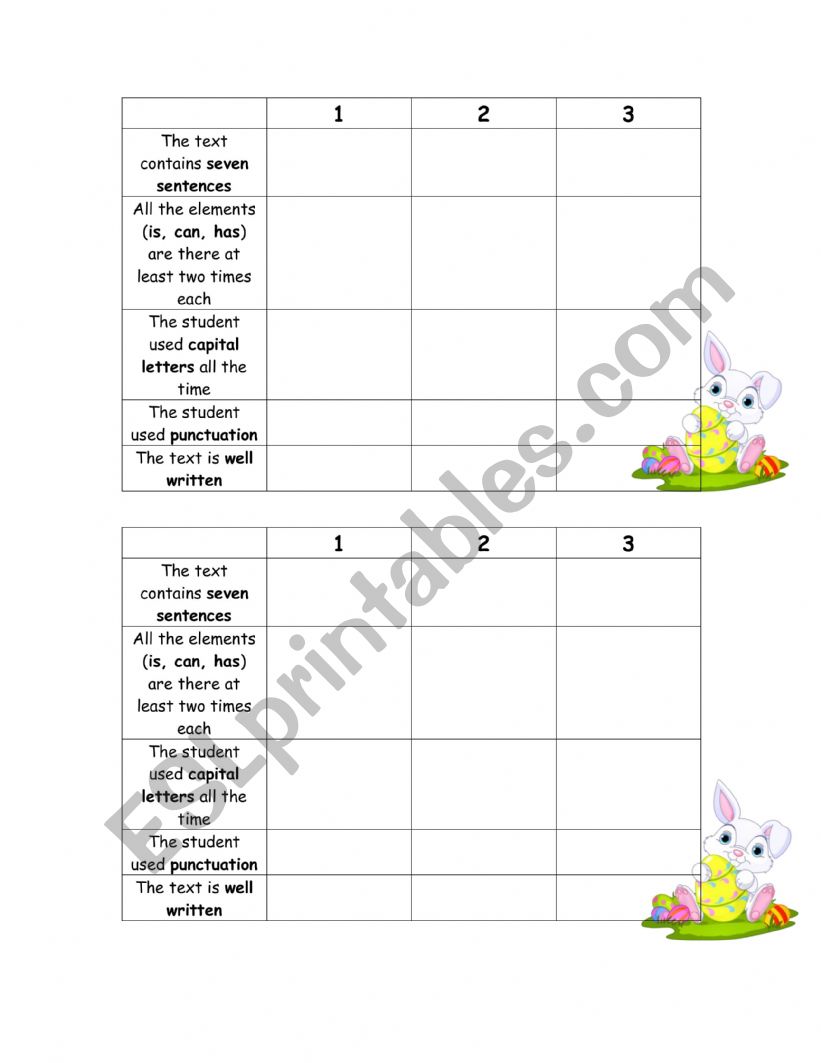 Writing Rubric (is, has, can) worksheet