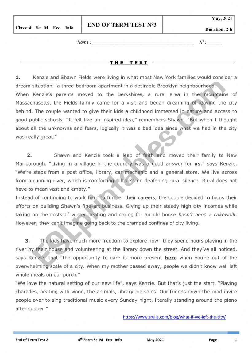 Mock Bac end of term test 3 Fourth Form