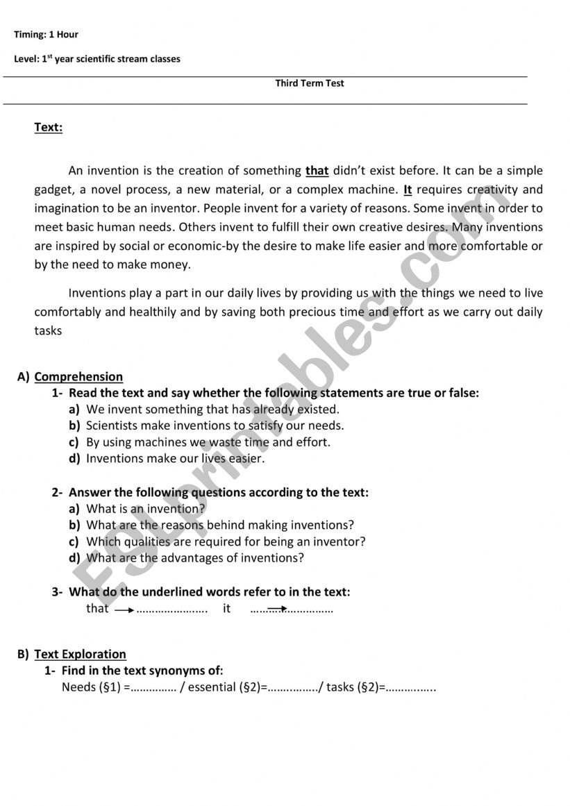 A Test about Inventions worksheet