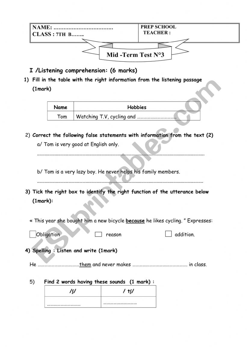  7th mid-term test 3 worksheet