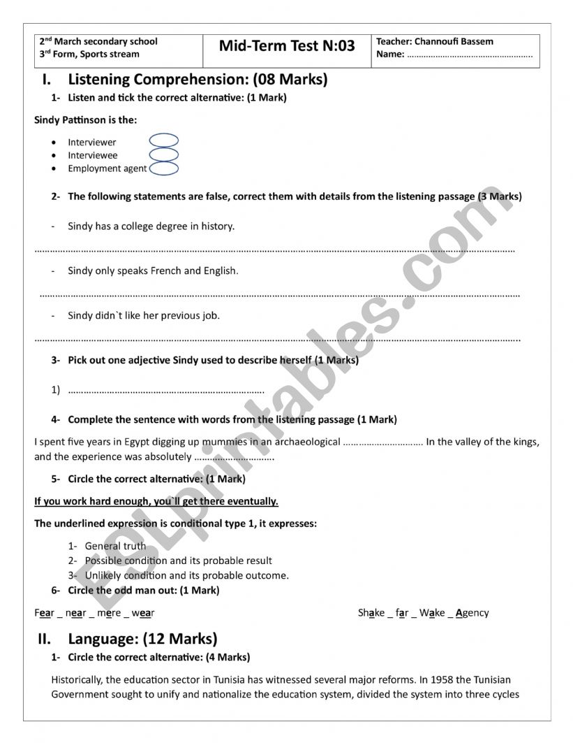 mid term test 3 Sports(A) worksheet