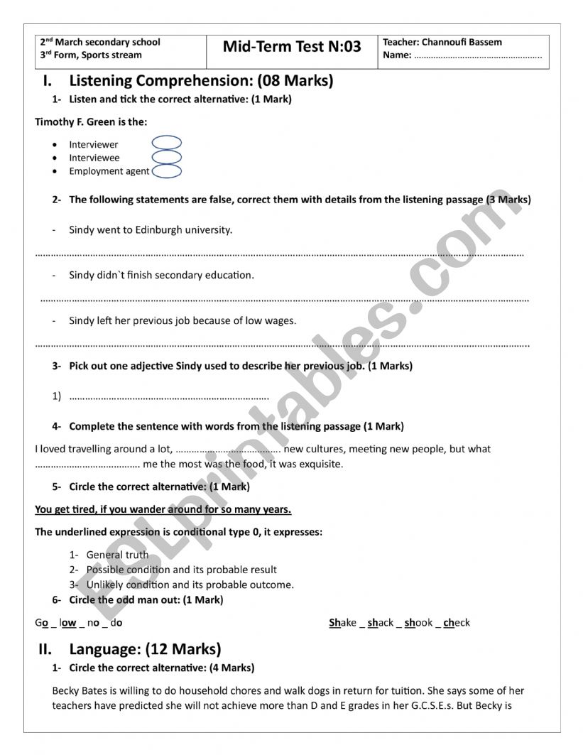 mid term test 3 Sports(B) worksheet