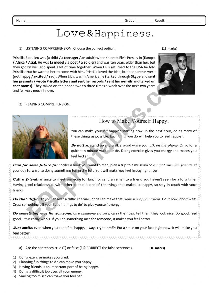 TEST ABOUT LIFE AND HAPPINESS worksheet