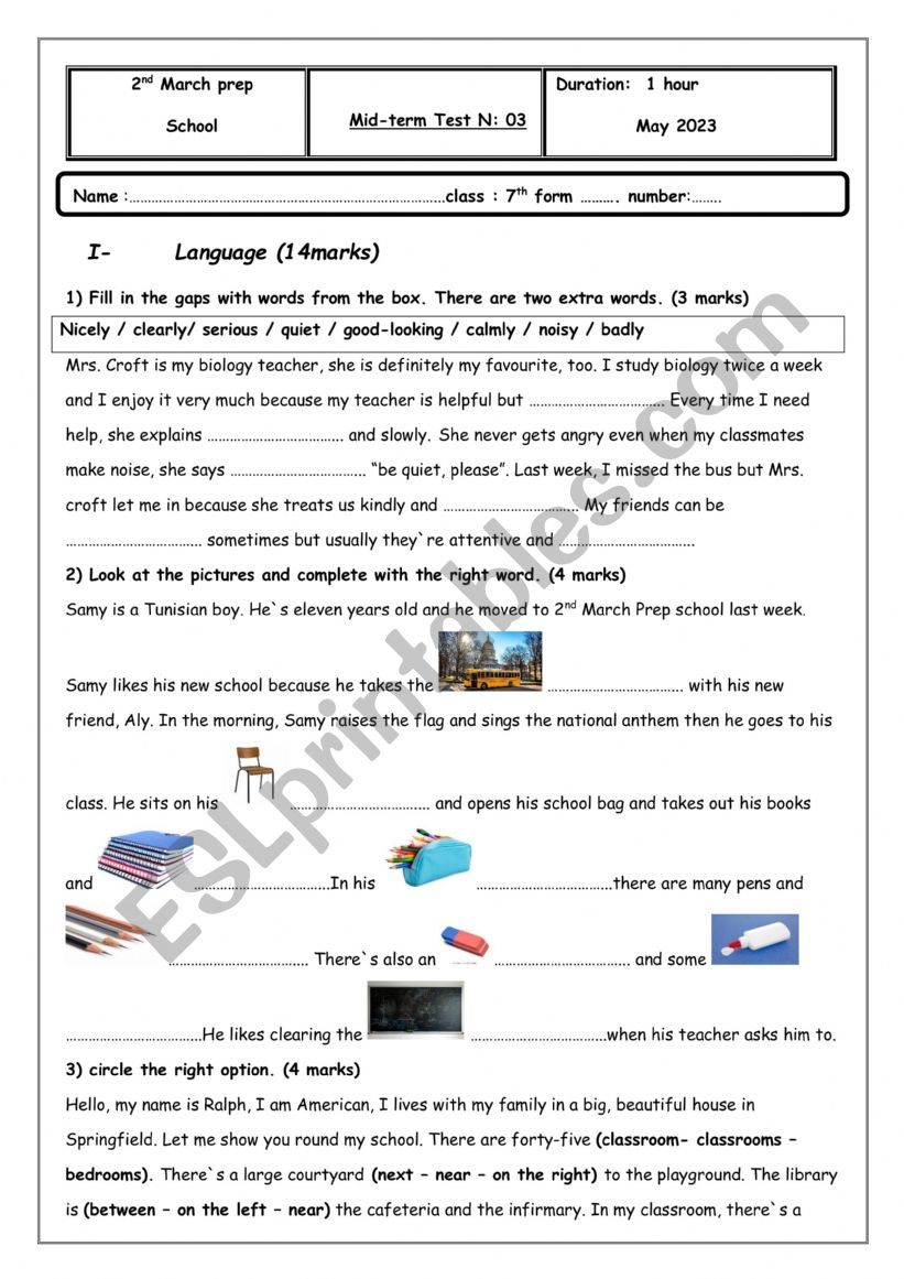 7th form mid test 3 (A) worksheet