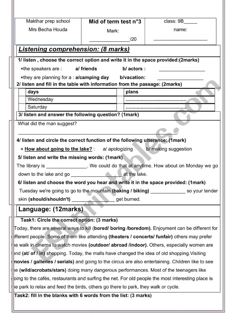 mid term test 3 9th form  worksheet