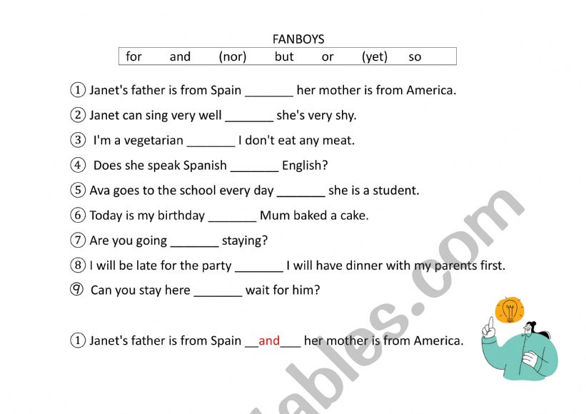 conjunctions (FANBOYS): Fill in the blanks worksheet