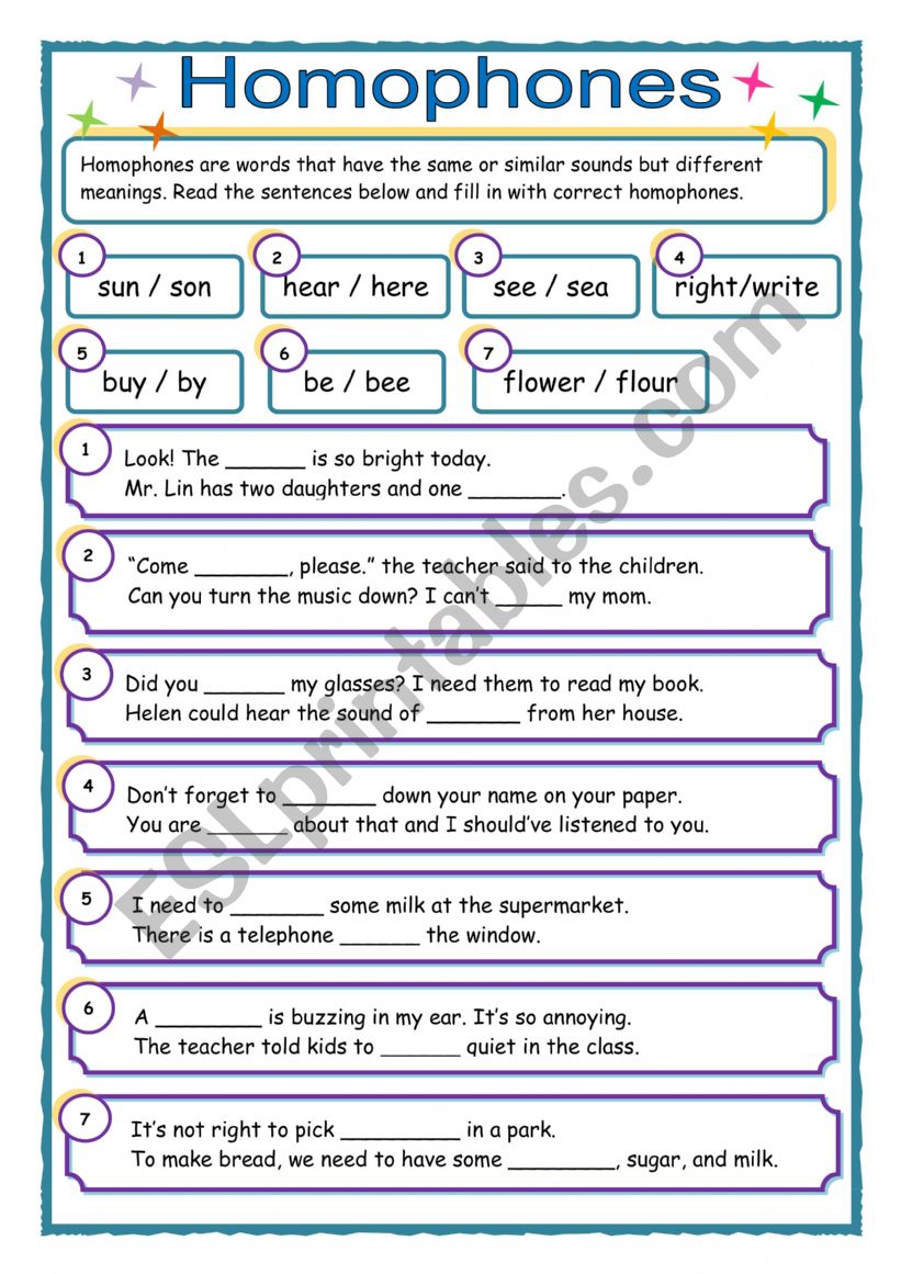 Homophones worksheet