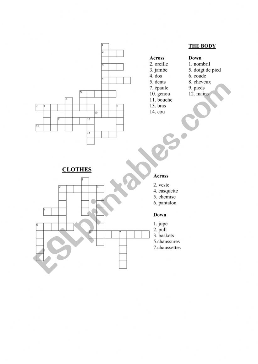 Crosswords body & clothes worksheet