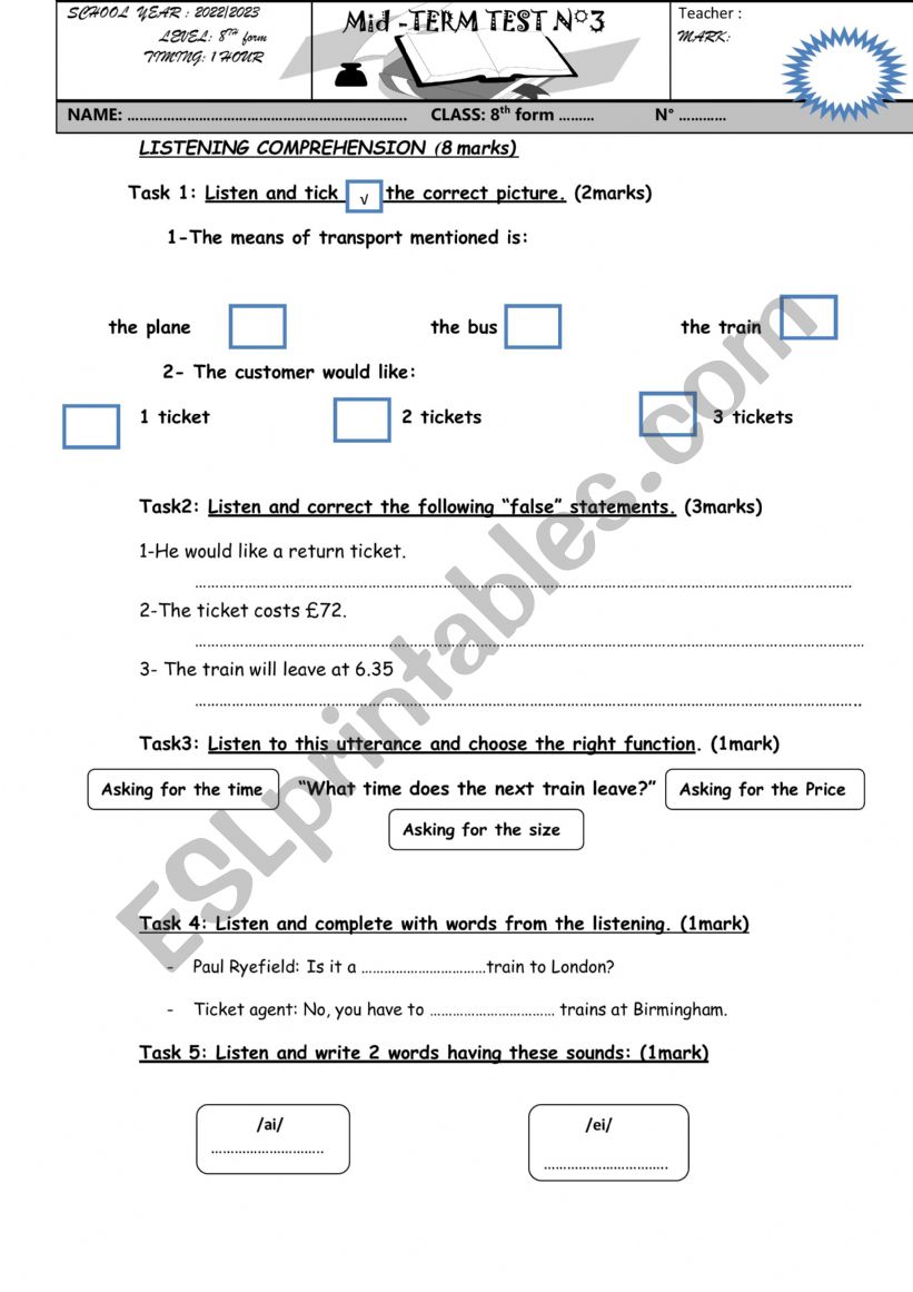 8th form mid-term test 3 worksheet