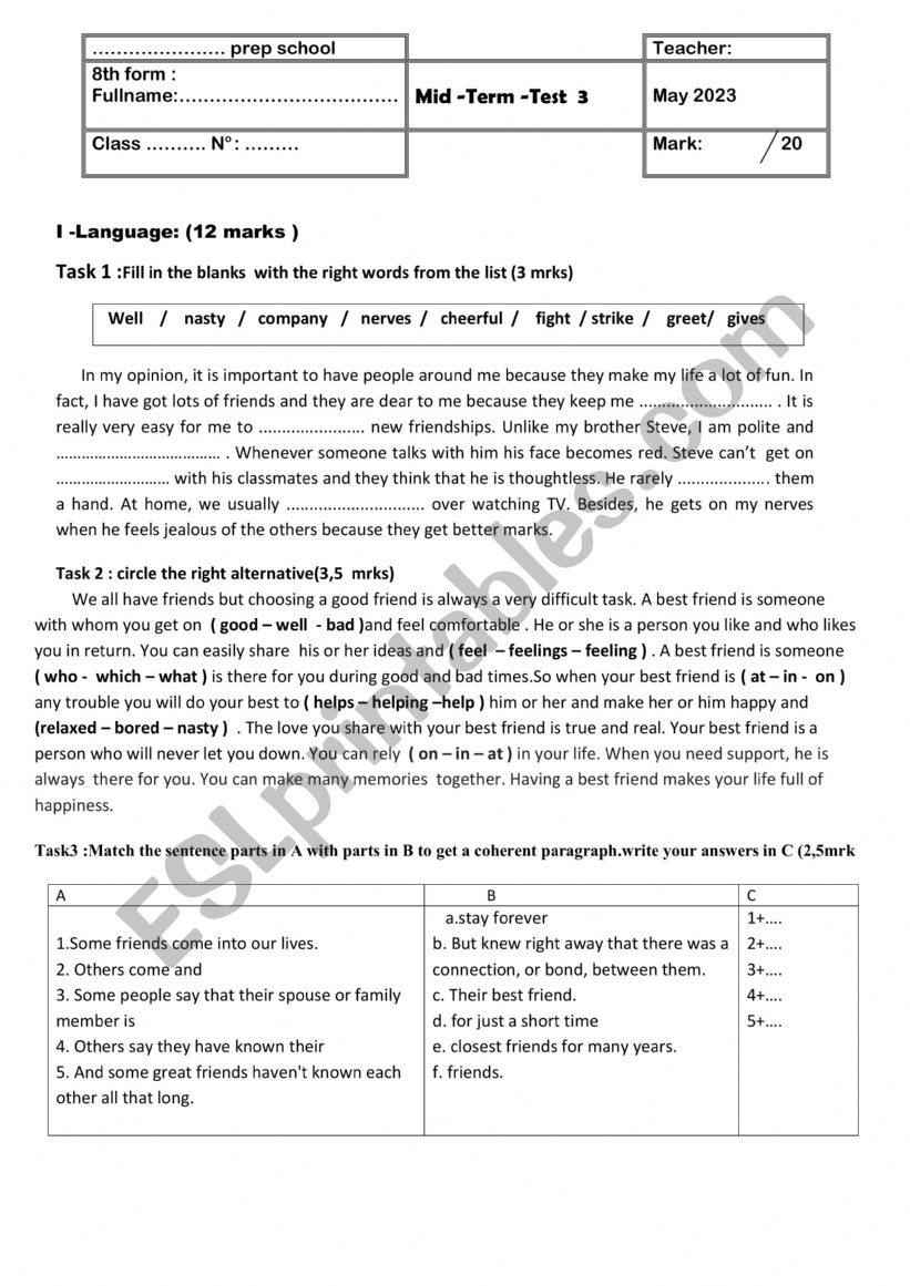 mid term 3 test  8 form worksheet