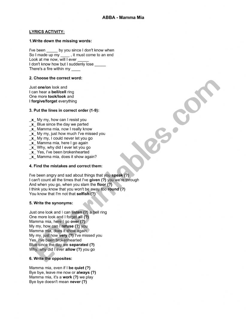 ABBA - MAMMA MIA worksheet