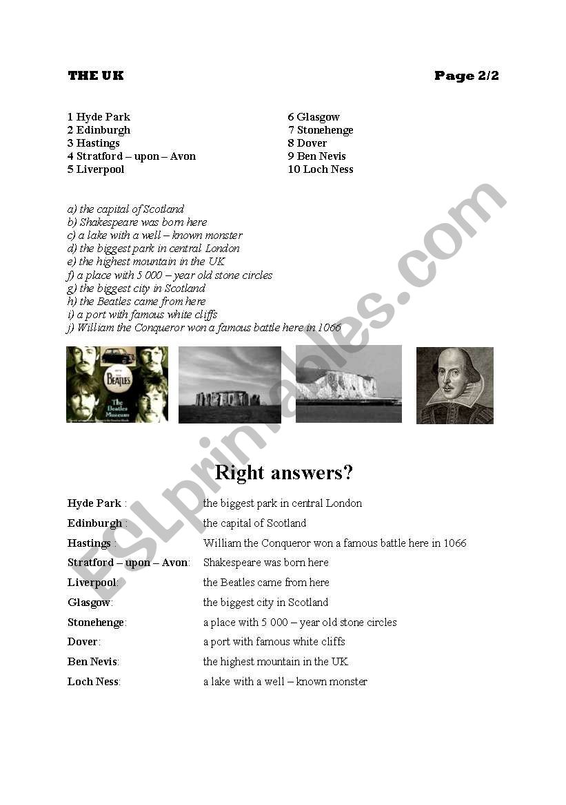 Famous places in the UK worksheet