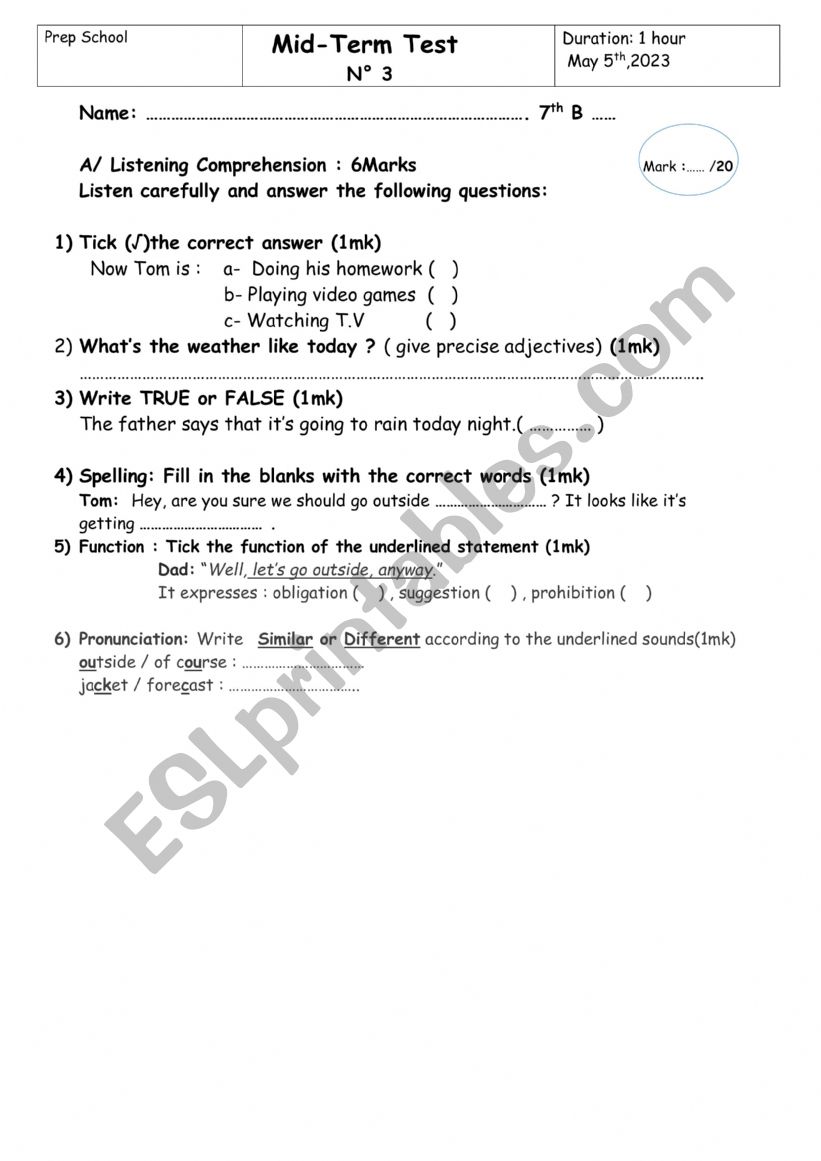 Mid-Term Test 3 /7th form worksheet
