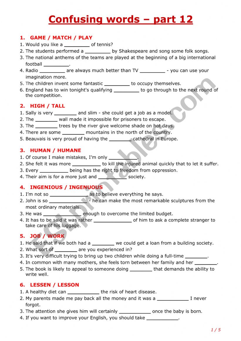 Confusing words - part 12 worksheet