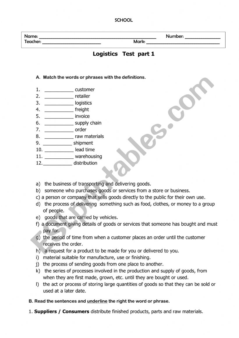 Logistics Test 1 worksheet