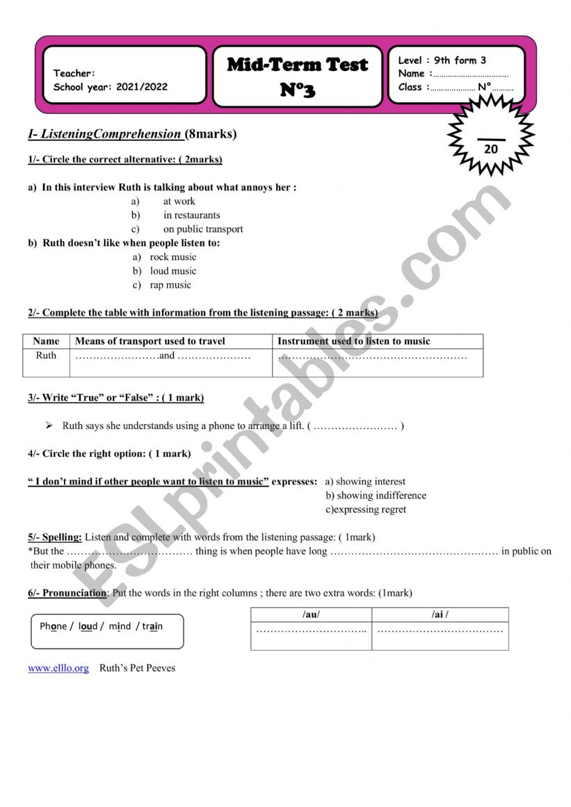 Mid term test 3 for 9th formers