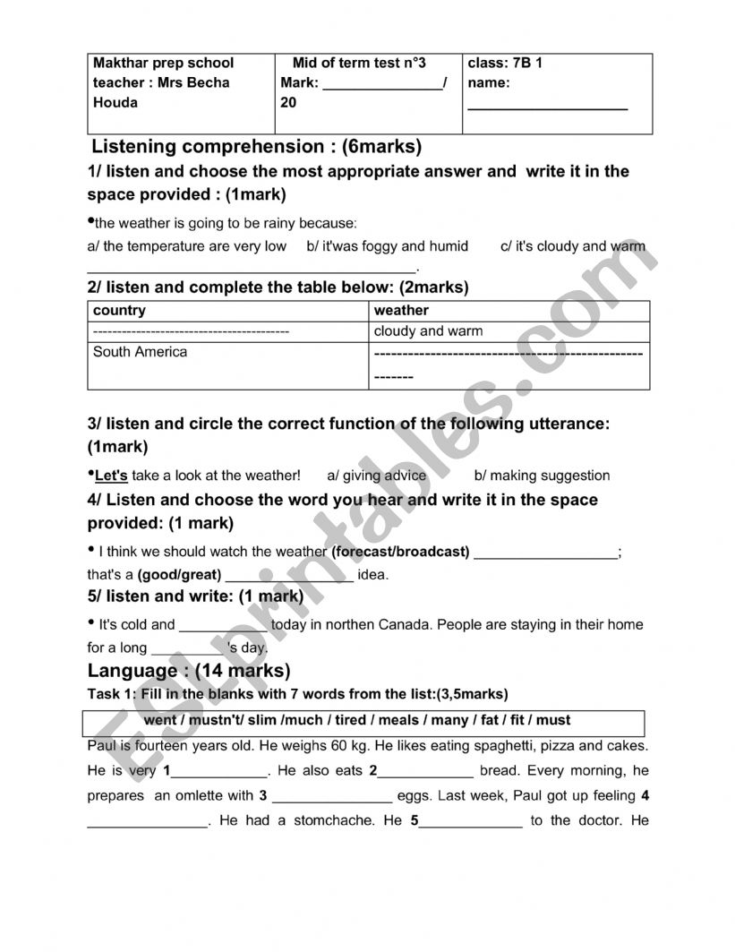 mid term test n3 7th form worksheet