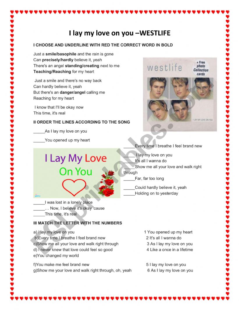 I lay my love on you-WESTLIFE worksheet