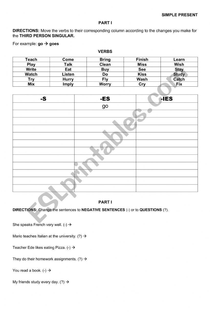 THIRD PERSON SINGULAR RULES worksheet