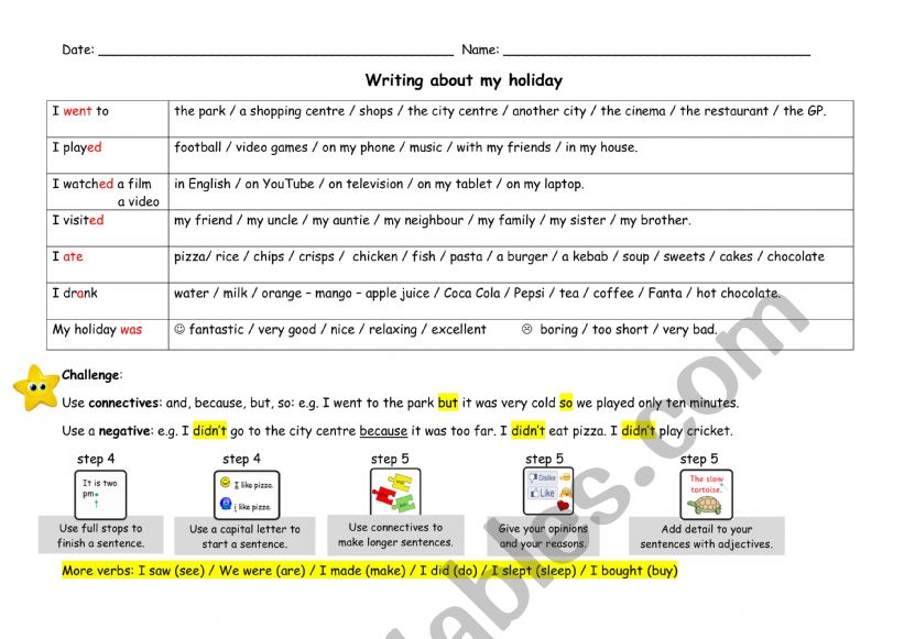 writing frame: past tense worksheet