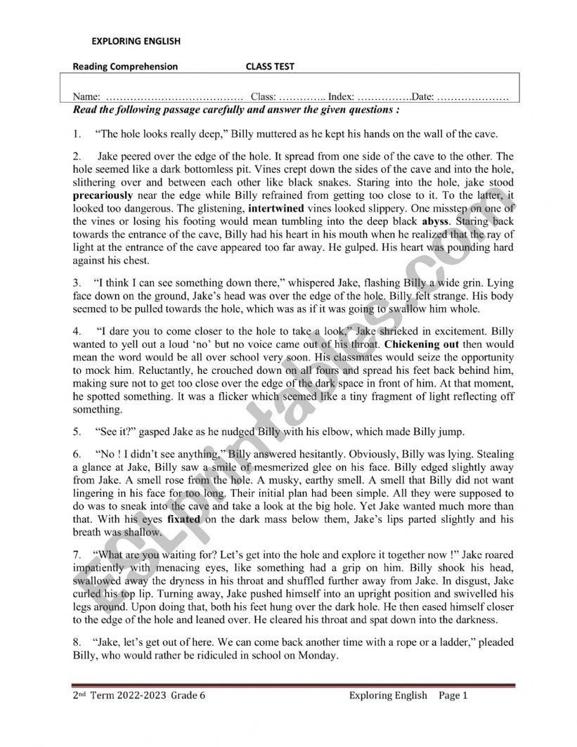 Reading worksheet