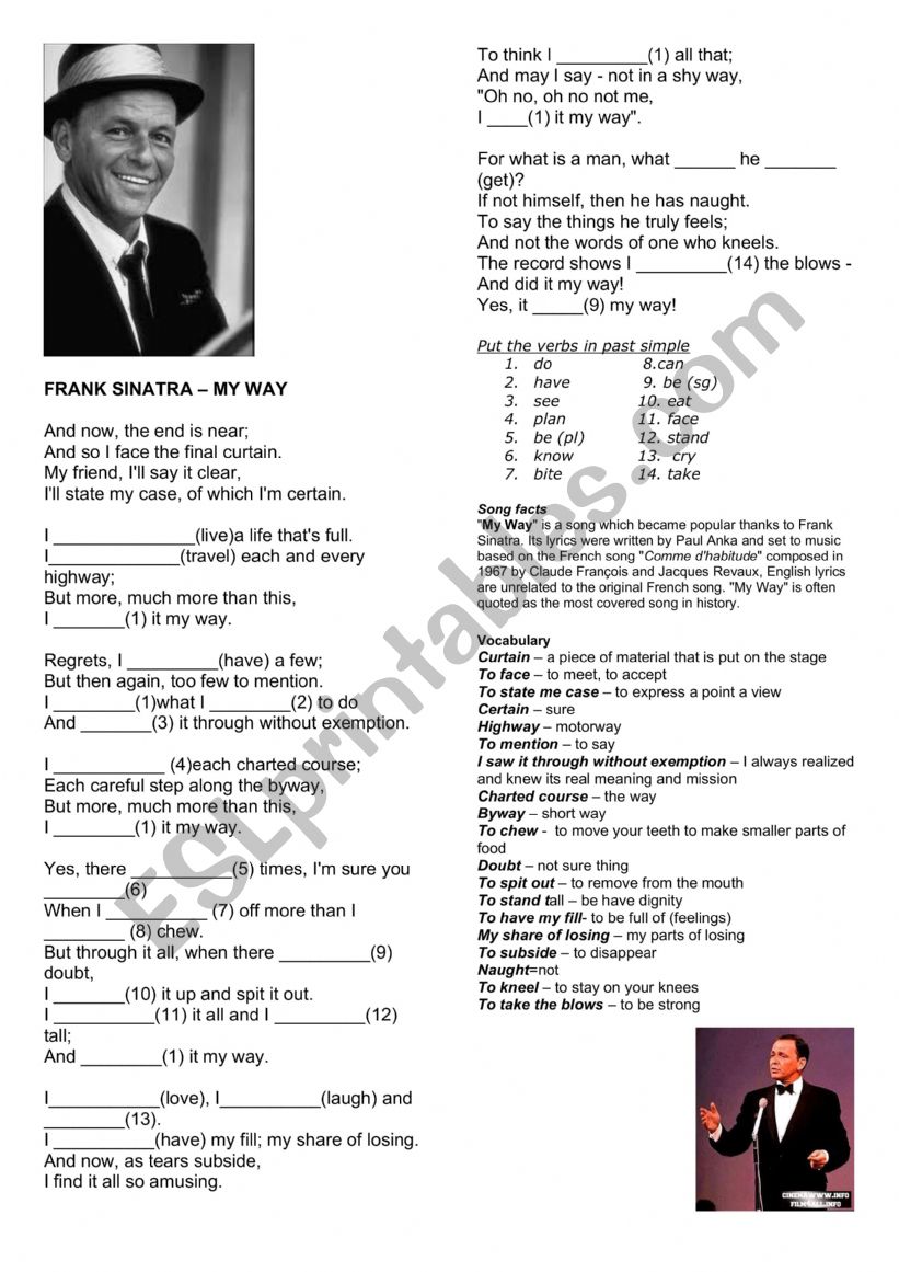 My Way - Frank Sinatra  worksheet
