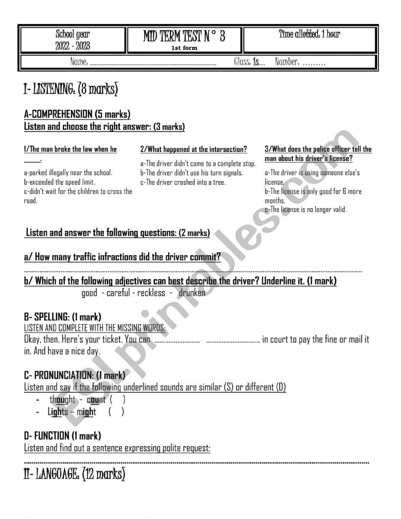 Mid term test 3  first form worksheet