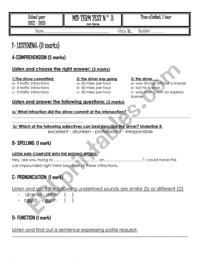 Mid term test 3 first form worksheet