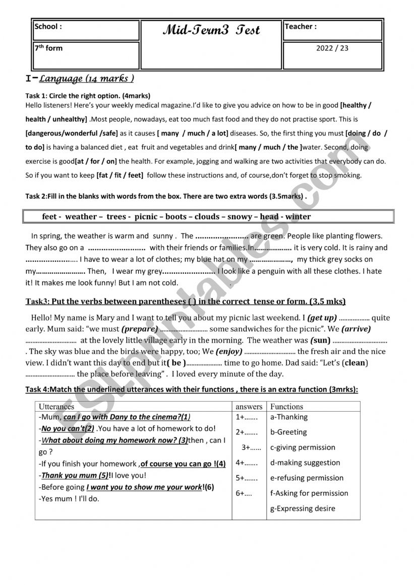 mid term 3 test  worksheet
