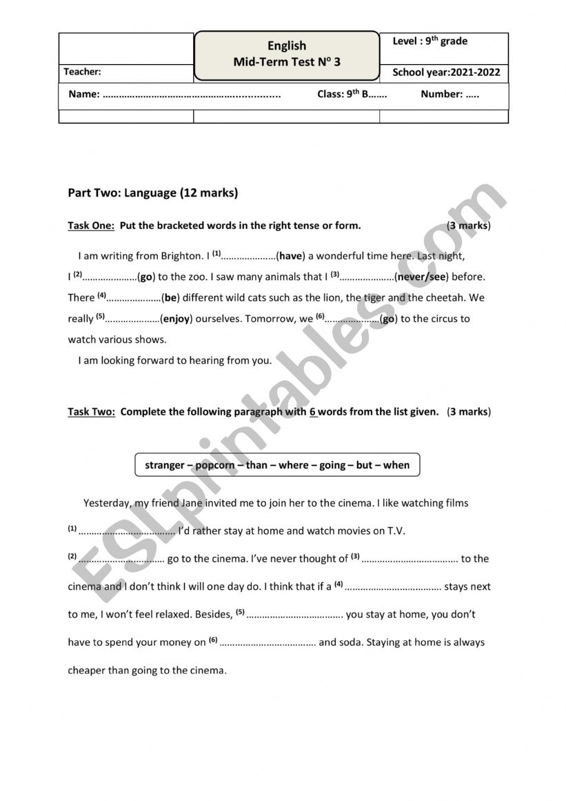 Mid-term test3 (9th grade): Language part