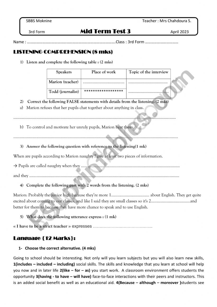 MID TERM 3 TEST 3RD FORM worksheet