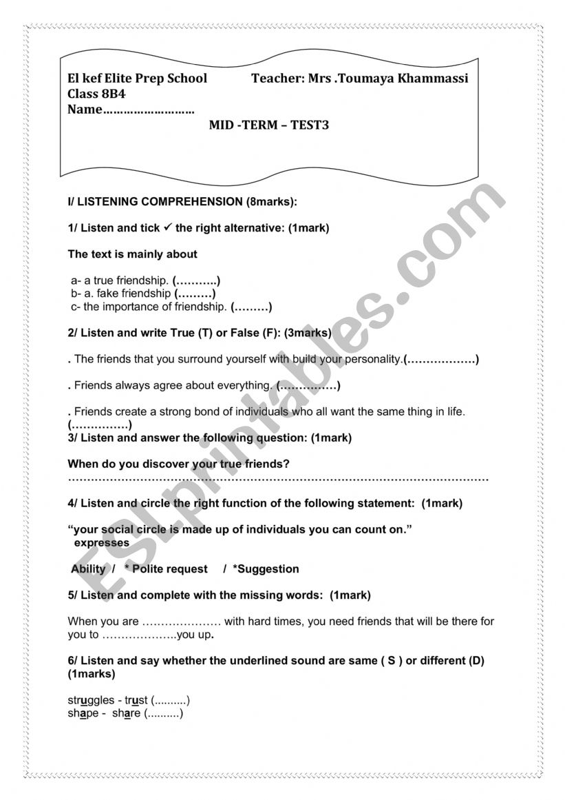 Mid - term test 3 8th form worksheet