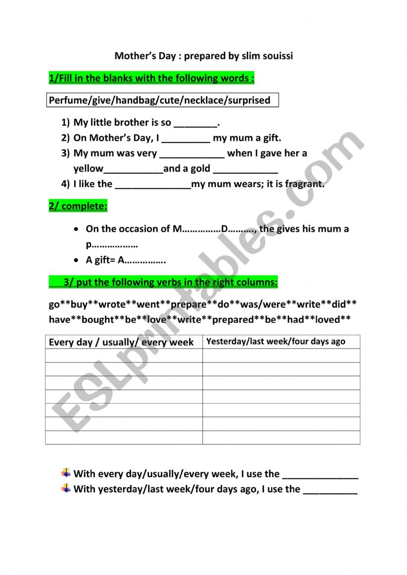 Mother�s Day worksheet