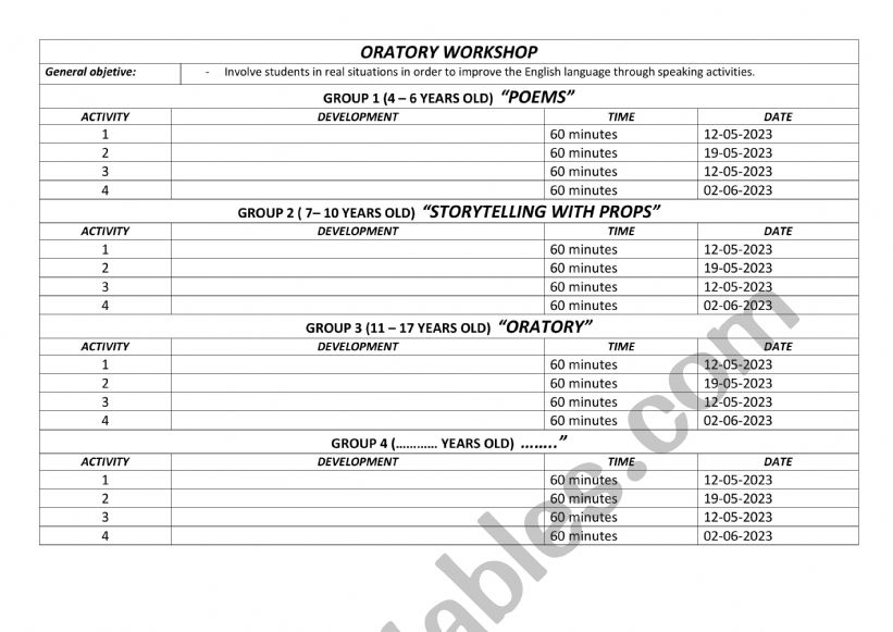 Planning for Oratory workshop worksheet
