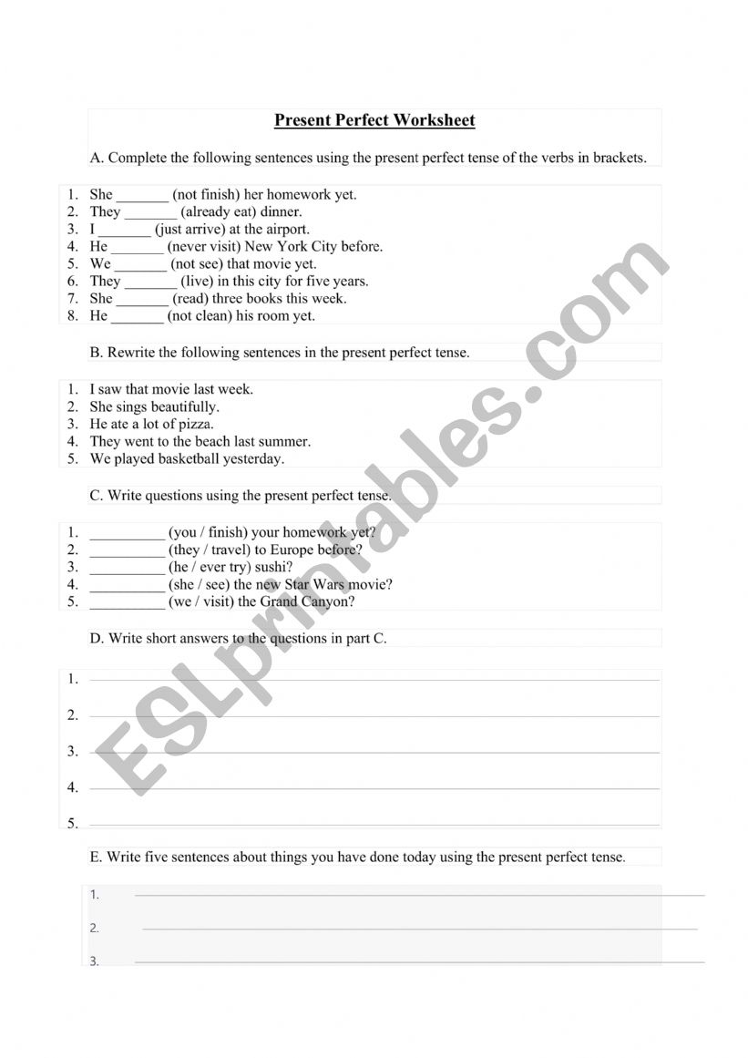 The present perfect worksheet