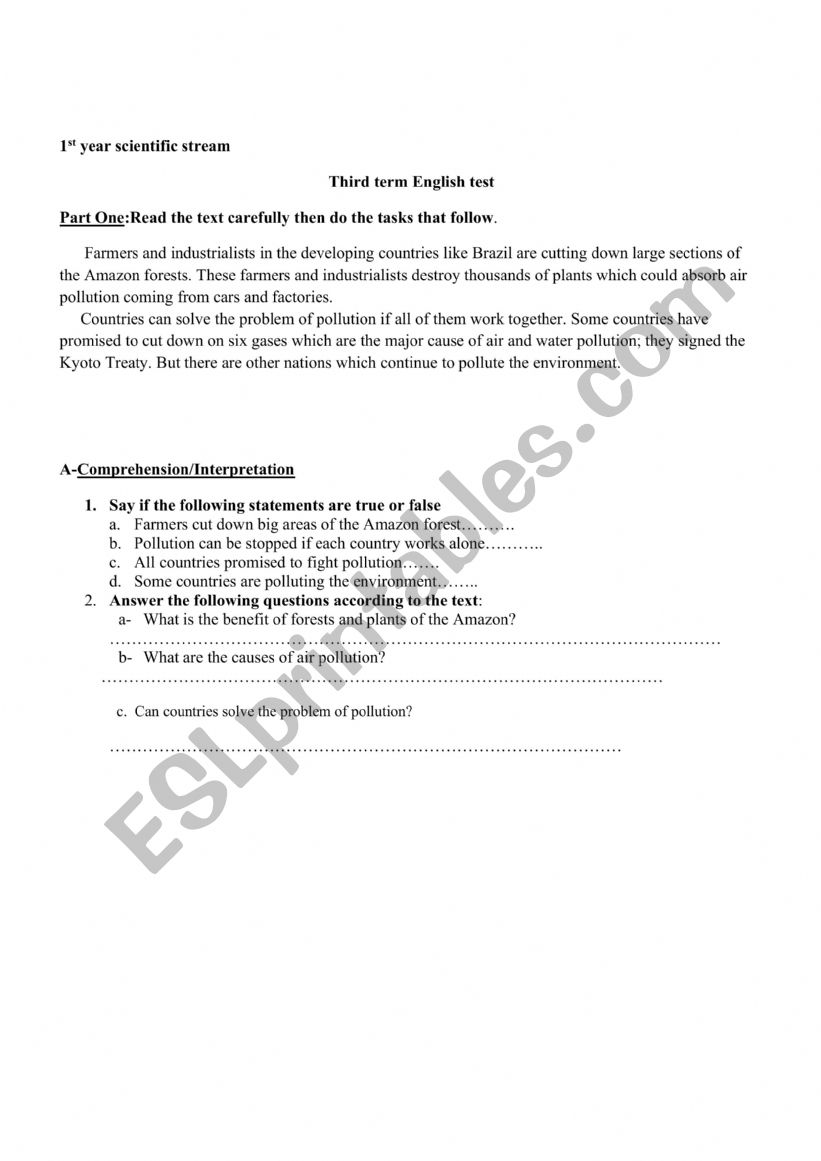 Third term English test worksheet