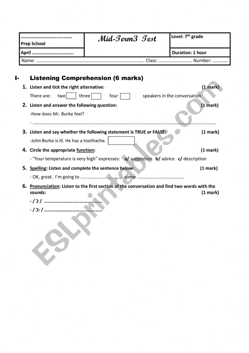 Mid-term 3 test 7th form worksheet