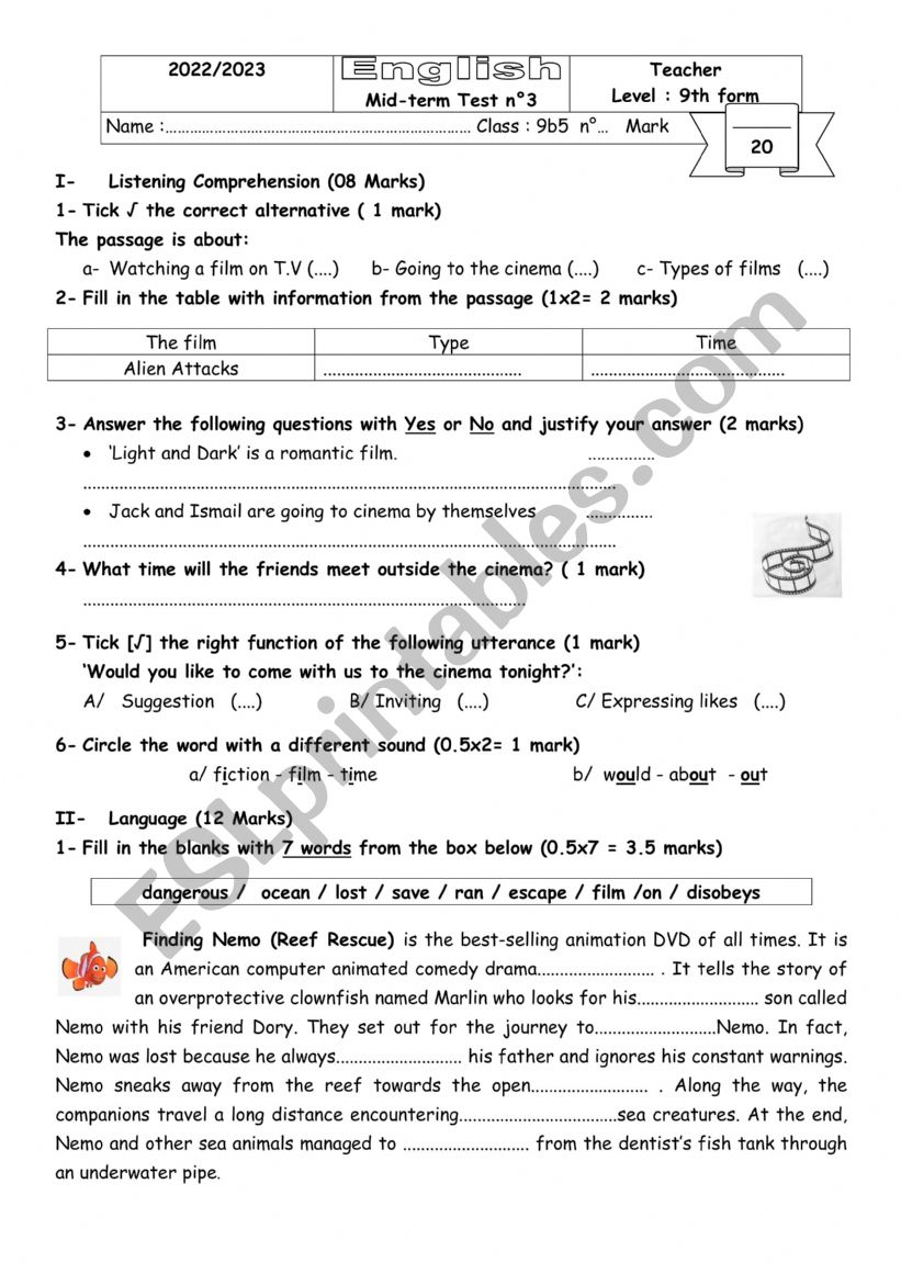 Mid term test n 3 9th form  worksheet