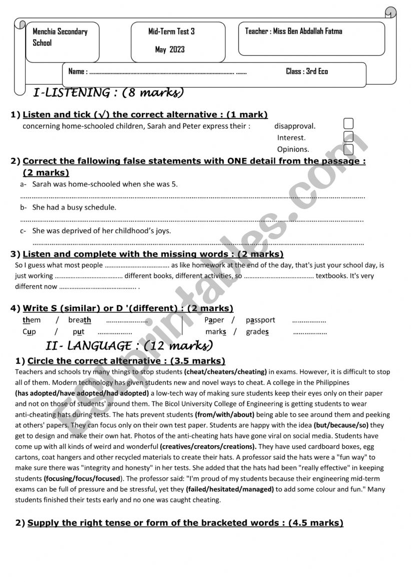 mid term test 3 worksheet