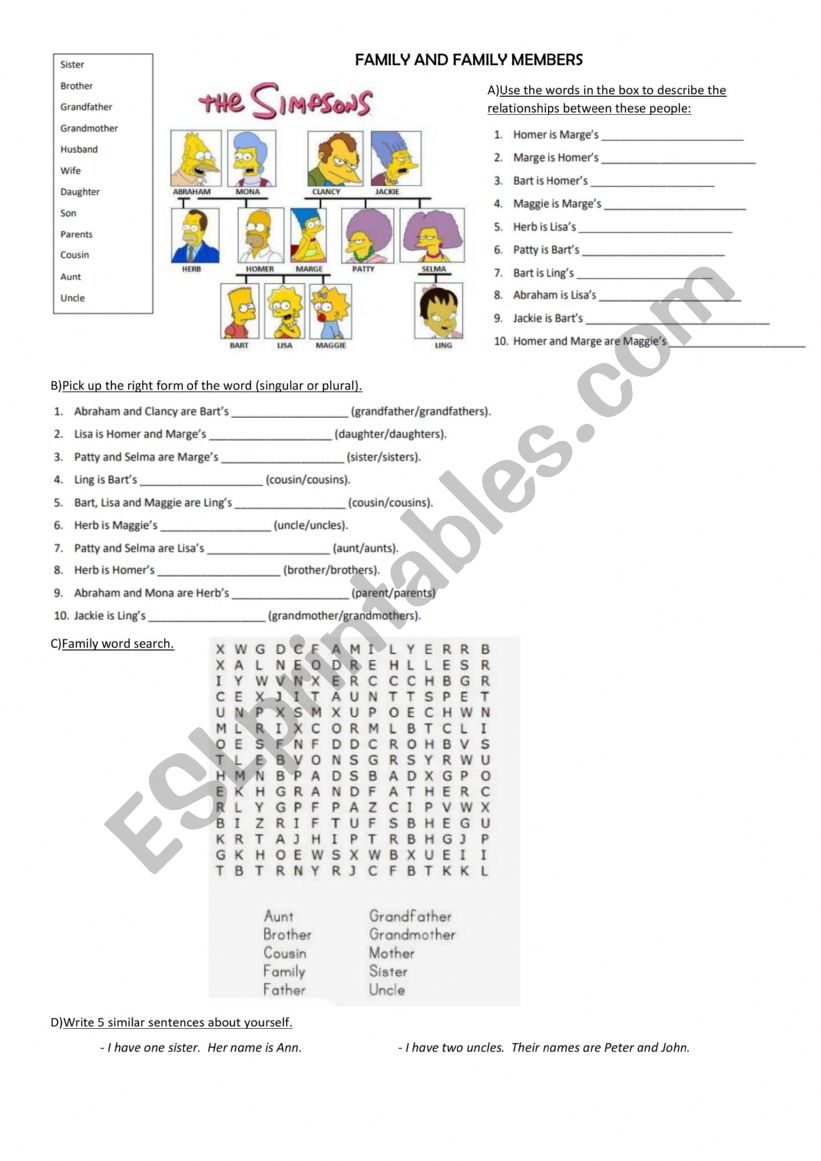 Family and family members worksheet