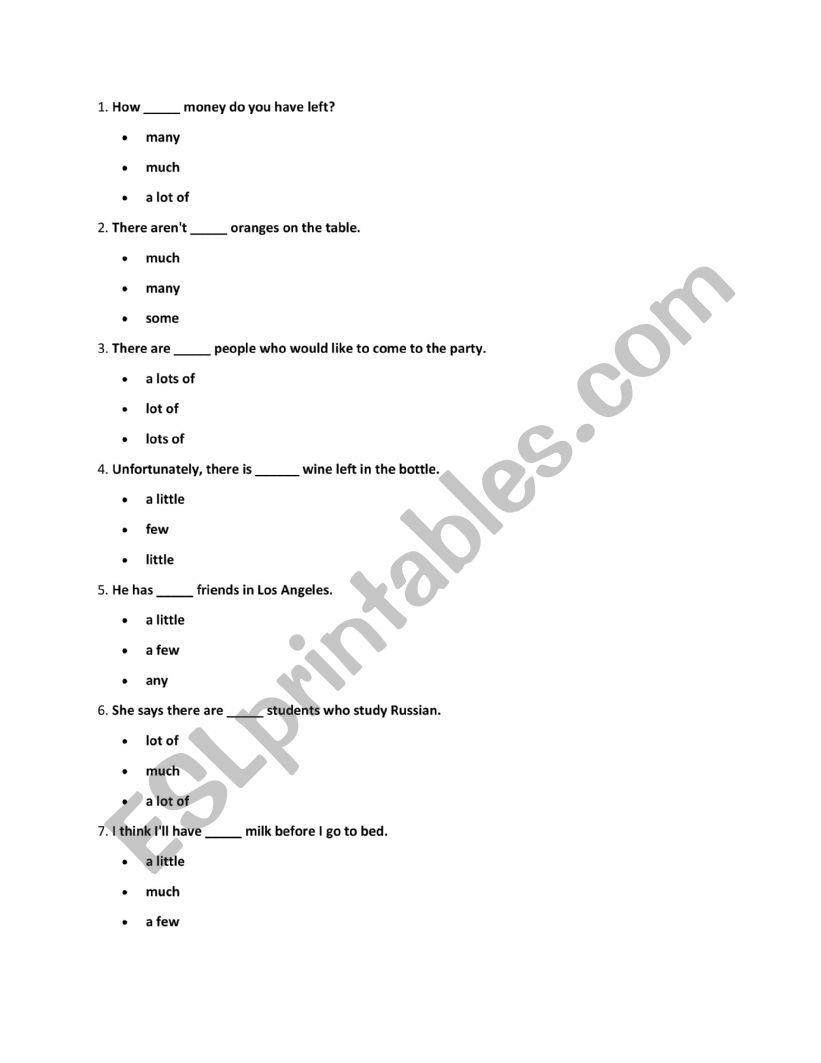 Count and non-count noun test worksheet
