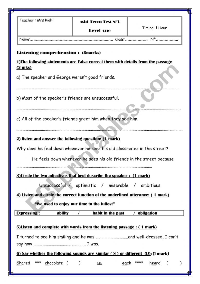 1st form mid term test 3 worksheet