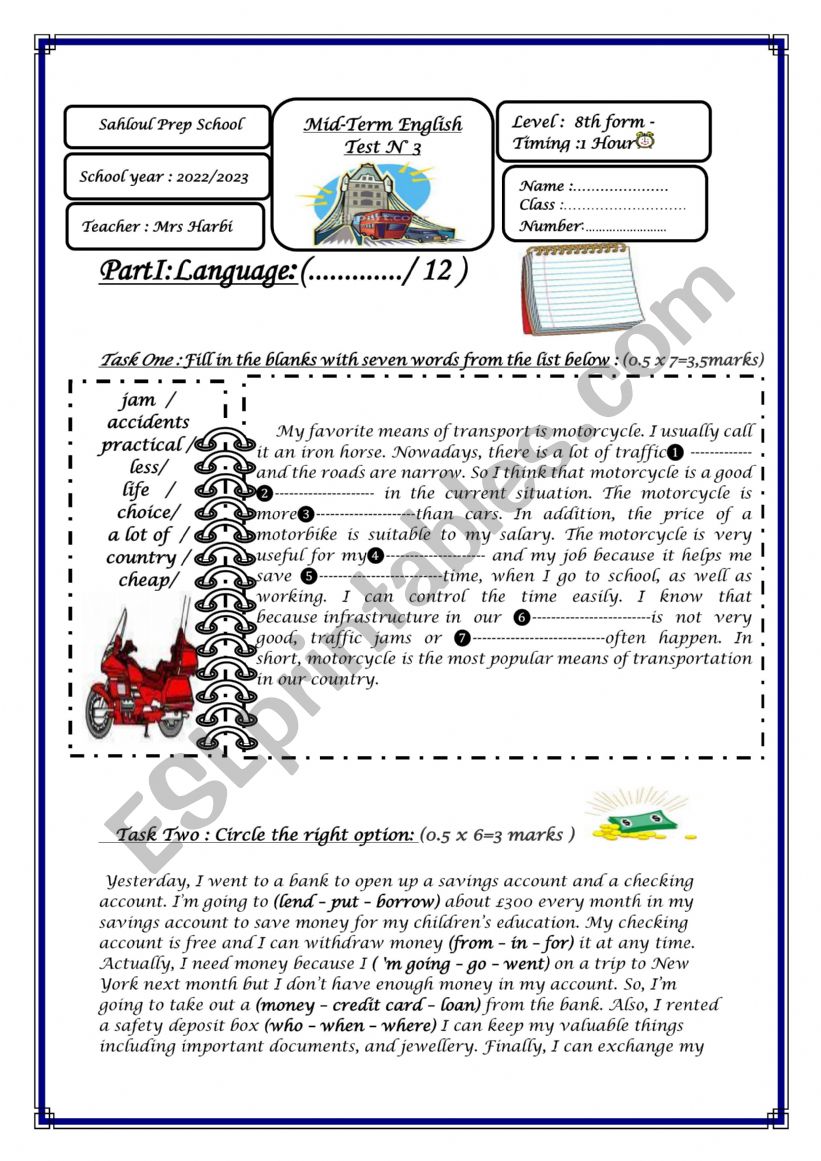 Mid Term Test 3 9th form worksheet