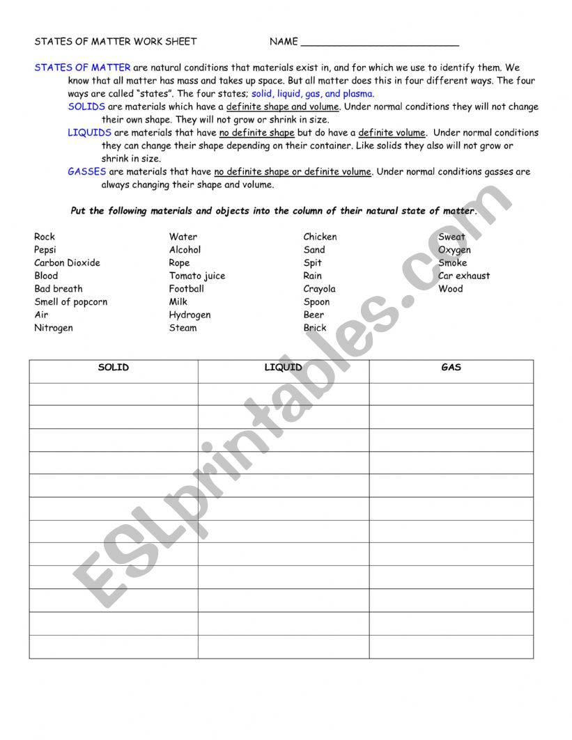 States of Matter worksheet